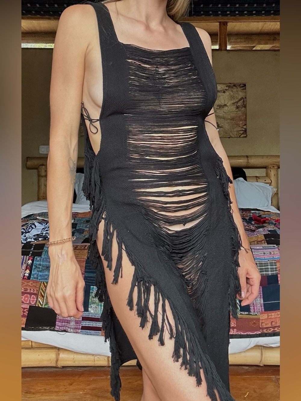 Black Distressed Fringe Knit Cover-Up Dress